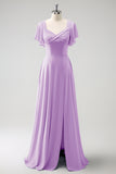 Fuchsia A Line Chiffon Long Bridesmaid Dress with Slit