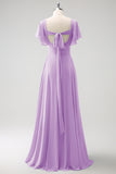 Fuchsia A Line Chiffon Long Bridesmaid Dress with Slit