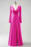 A Line Fuchsia V-Nack Chiffon Bridesmaid Dress with Long Sleeves