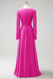 A Line Fuchsia V-Nack Chiffon Bridesmaid Dress with Long Sleeves