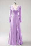 A Line Fuchsia V-Nack Chiffon Bridesmaid Dress with Long Sleeves