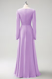 A Line Fuchsia V-Nack Chiffon Bridesmaid Dress with Long Sleeves