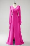 Fuchsia A Line Long Sleeves Chiffon Bridesmaid Dress with Slit