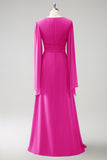 Fuchsia A Line Long Sleeves Chiffon Bridesmaid Dress with Slit