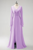 Fuchsia A Line Long Sleeves Chiffon Bridesmaid Dress with Slit