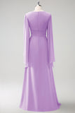 Fuchsia A Line Long Sleeves Chiffon Bridesmaid Dress with Slit