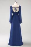 Dark Blue Sheath Square Neck Chiffon Long Sleeves Long Bridesmaid Dress with Slit