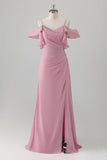 Pink A Line Cold Shoulder Chiffon Bridesmaid Dress With Slit