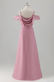 Pink A Line Cold Shoulder Chiffon Bridesmaid Dress With Slit