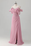 Pink A Line Cold Shoulder Chiffon Bridesmaid Dress With Slit