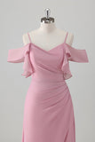 Pink A Line Cold Shoulder Chiffon Bridesmaid Dress With Slit