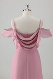 Pink A Line Cold Shoulder Chiffon Bridesmaid Dress With Slit