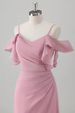 Pink A Line Cold Shoulder Chiffon Bridesmaid Dress With Slit