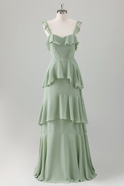 Light Green A-Line Ruffle Tiered Chiffon Corset Long Bridesmaid Dress