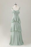 Light Green A-Line Ruffle Tiered Chiffon Corset Long Bridesmaid Dress