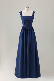 Dark Blue A-Line Square Neck Corset Long Bridesmaid Dress with Lace Up Back