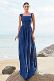 A-Line Square Neck Corset Dark Blue Long Bridesmaid Dress with Lace Up Back