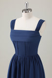 Dark Blue A-Line Square Neck Corset Long Bridesmaid Dress with Lace Up Back