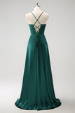 Dark Green A-Line Spaghetti Straps Ruched Lace-Up Back Satin Long Bridesmaid Dress