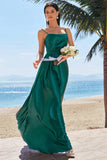 A-Line Dark Green Spaghetti Straps Satin Ruched Long Bridesmaid Dress