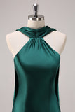 Dark Green Halter Satin Mermaid Bridesmaid Dress