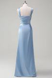 Elegant Sky Blue Sheath Pleated Satin Long Bridesmaid Dress With Slit