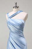 Elegant Sky Blue Sheath Pleated Satin Long Bridesmaid Dress With Slit