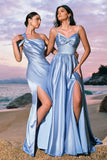 Sky Blue A-Line Spaghetti Straps Ruched Split Long Bridesmaid Dress with Lace Up Back