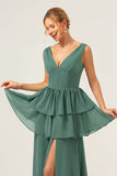 Eucalyptus A Line V Neck Corset Tiered Satin Long Bridesmaid Dress with Slit