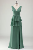 Eucalyptus A Line V Neck Ruffled Long Bridesmaid Dress With Slit