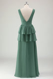 Eucalyptus A Line V Neck Ruffled Long Bridesmaid Dress With Slit