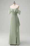 Light Green Mermaid Off the Shoulder Ruffled Bridesmaid Dress with Slit