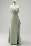 Light Green Mermaid Off the Shoulder Ruffled Bridesmaid Dress with Slit