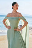 Light Green Cold Shoulder Detachable Sleeves Chiffon Bridesmaid Dress