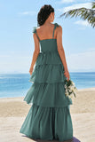 Eucalyptus A-Line Corset Tiered Long Bridesmaid Dress with Ruffle Slit