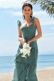 Eucalyptus A-Line Corset Tiered Long Bridesmaid Dress with Ruffle Slit