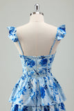 Blue Floral A Line Corset Tiered Long Bridesmaid Dress with Slit