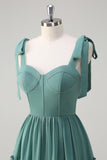 Eucalyptus A-Line Bow Tie Straps Corset Ruffles Chiffon Long Bridesmaid Dress with Slit