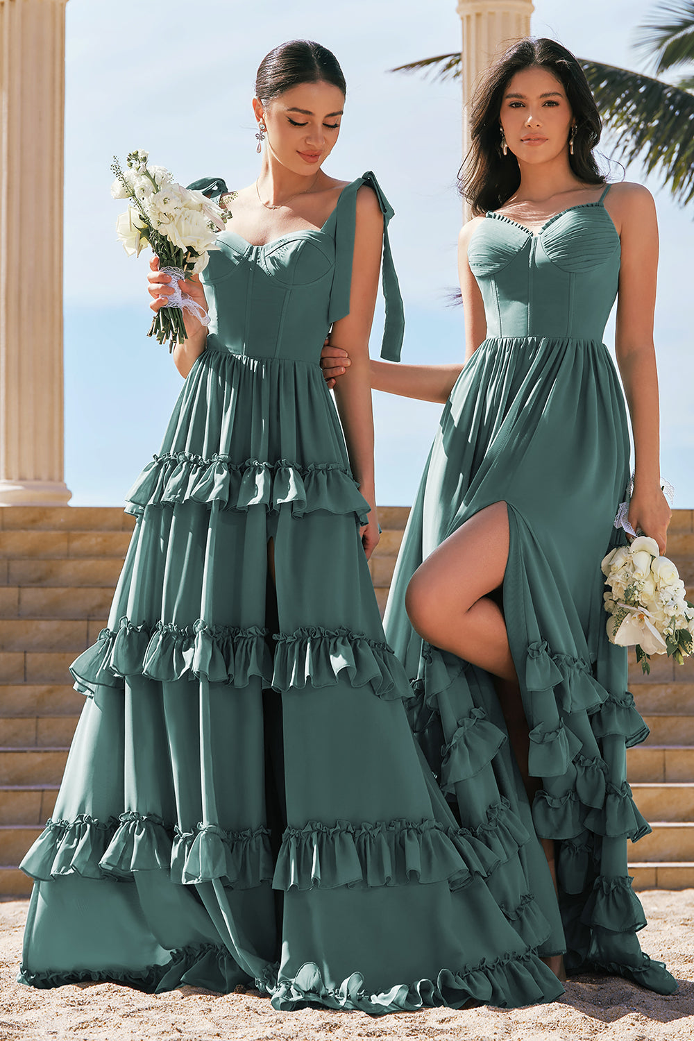 ZAPAKA Women Eucalyptus Long Bridesmaid Dress A-Line Corset Ruffles Chiffon Weeding Party Dress with Slit ZAPAKA NZ ZAPAKA Women Eucalyptus Long Bridesmaid Dress A-Line Corset Ruffles Chiffon Weeding Party Dress with Slit ZAPAKA NZ