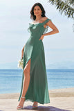 Eucalyptus A-Line Spaghetti Straps Chiffon Long Bridesmaid Dress with Slit