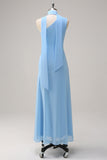 Chiffon Blue Mermaid One Shoulder Long Bridesmaid Dress with Streamer