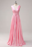 Pink A Line V Neck Chiffon Open Back Pleated Long Bridesmaid Dress