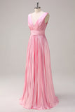 Pink A Line V Neck Chiffon Open Back Pleated Long Bridesmaid Dress