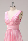 Pink A Line V Neck Chiffon Open Back Pleated Long Bridesmaid Dress