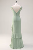 Dusty Sage Mermaid V Neck Long Open Back Bridesmaid Dress with Ruffles