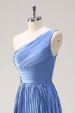 Blue A Line One Shoulder Pleated Long Bridesmaid Dress with Ruffle Slit