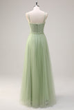 Sage A Line Spaghetti Straps Corset Long Tulle Bridesmaid Dress