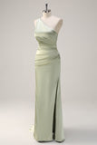 Sage Mermaid One Shoulder Streamer Ruched Satin Long Bridesmaid Dress with Slit