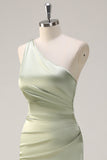 Sage Mermaid One Shoulder Streamer Ruched Satin Long Bridesmaid Dress with Slit