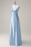 Sky Blue A Line V Neck Open Back Satin Long Bridesmaid Dress